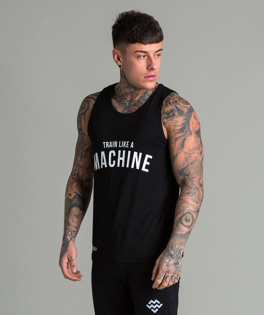 Train Like A Machine Tech Fabric Tank (Black/White) - Machine Fitness